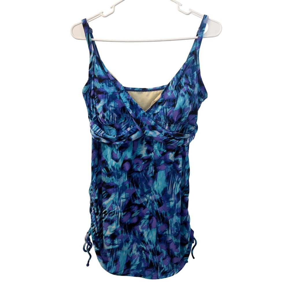 Miraclesuit Womens Blue Purple Abstract‎ Ruched Tankini Top Swimsuit Size 14